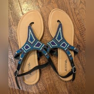 Just Fab beaded Boho sandals, blue,white & purple Beading, woman's SZ 11 New
